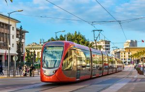 City tram on a street of Casablanca in Morocco