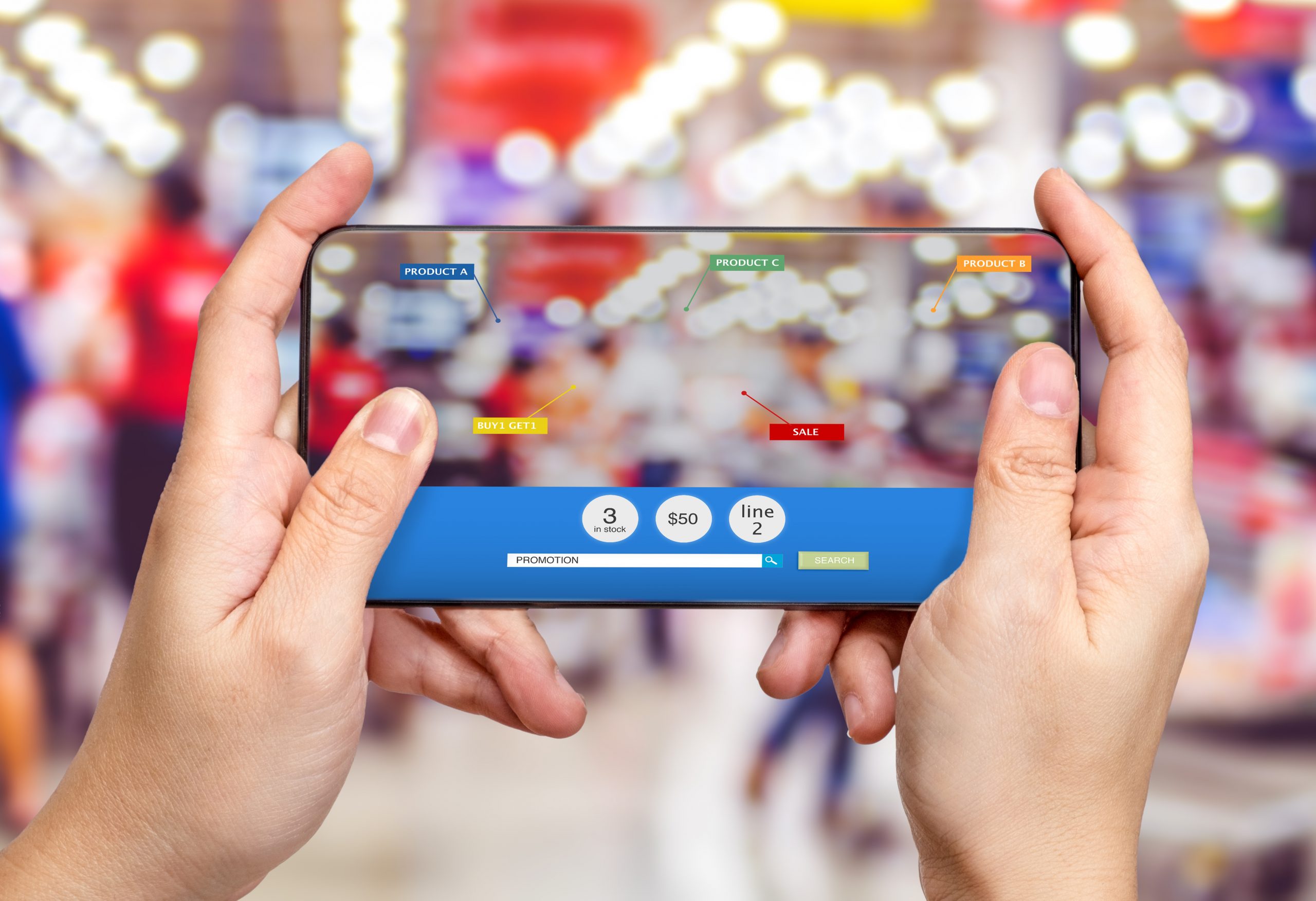 Hand hold mobile phone and using augmented reality ( AR ) app for see promotion sale in supermarket store,Digital lifestyle Technology concept.