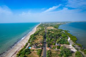 Aerial view of fishing village of Djiffer. Saloum Delta National Park, Joal Fadiout, Senegal. Africa. Photo made by drone from above.