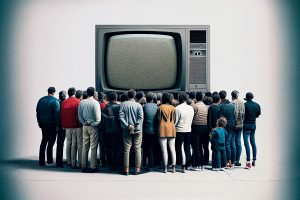 Des gens regardent la télévision sur fond sombre. Concept d'addiction à la télévision, de propagande et de fausses informations. Créé avec l'IA générative.