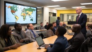 Groupe de personnes dans une salle de conférence regardant une carte du monde