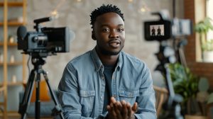 Influenceur ou créateur de contenu noir enregistrant un podcast vidéo ou une vidéo YouTube. S'exprimant devant la caméra (ar 16:9) : ae9a659a-e966-4015-855e-b6221fa82e05