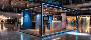 stand d'exposition promotionnel au design moderne et lumières LED bleues