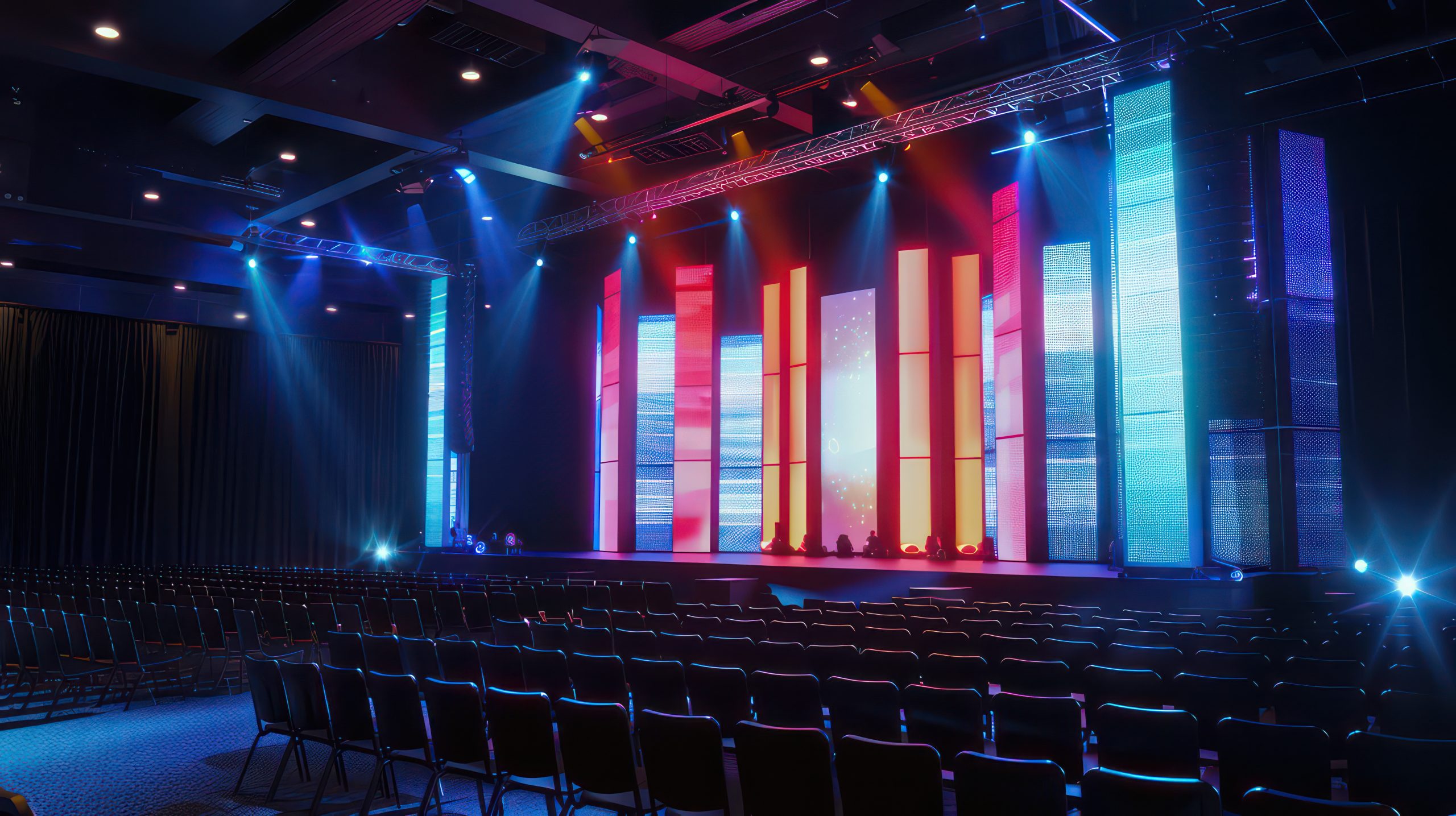 design a wide conference stage, with many LED video squares in the backdrop
