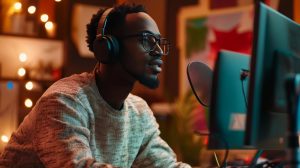 Un homme diffuse en direct depuis son home studio.
