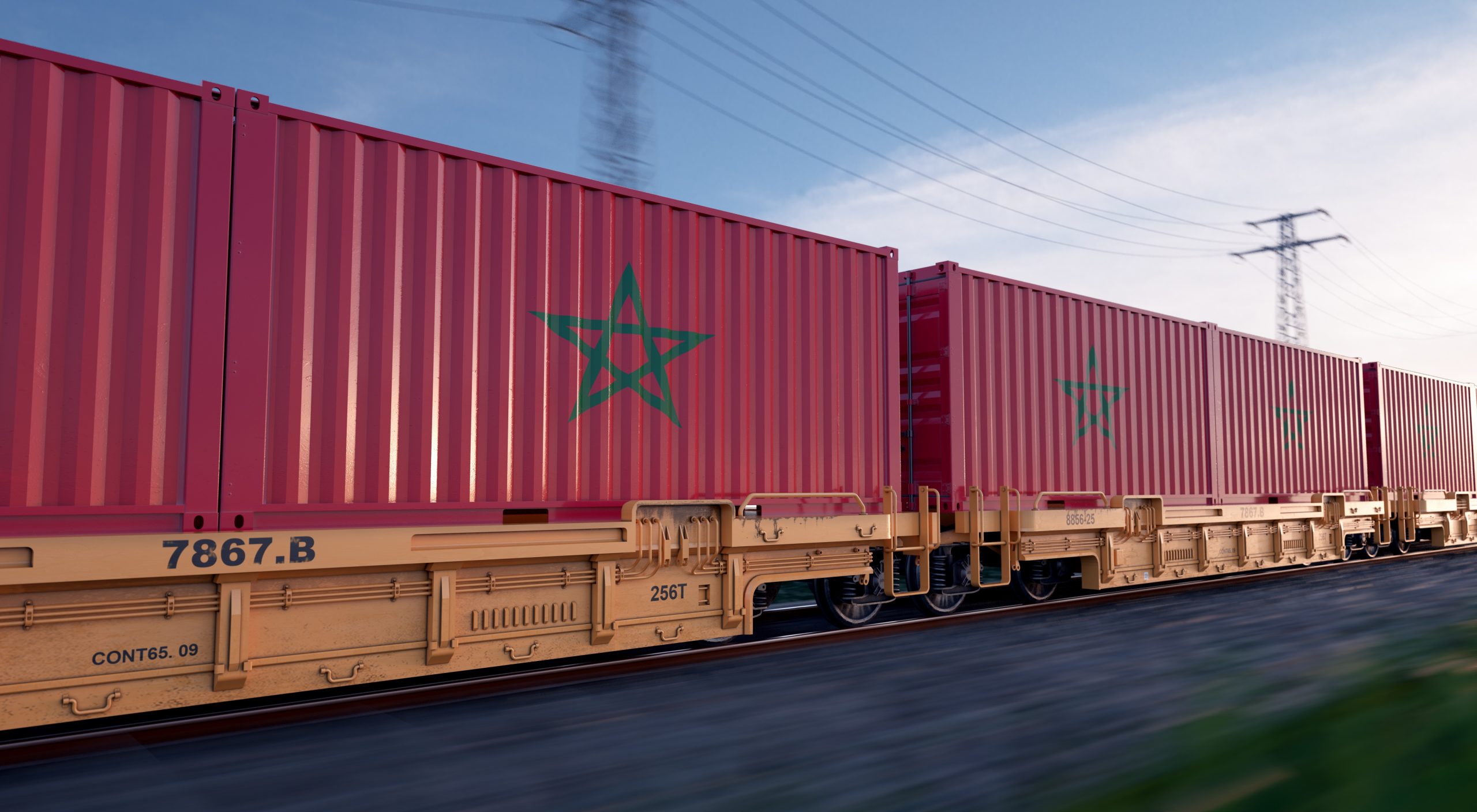 Moroccan export. Running train loaded with containers with the flag of Morocco.