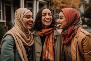 Trois amies musulmanes heureuses et autonomes interagissent et sourient. Concept d'inclusion. IA générative.