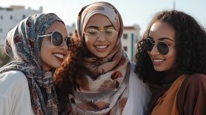 Jeunes femmes arabes rieuses portant le hijab. IA générative