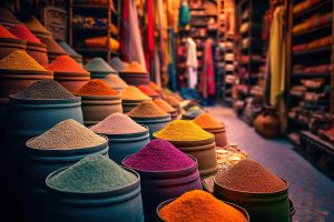 À la découverte des souks animés de Marrakech. Expériences de voyage estivales colorées dans les marchés exotiques du Maroc. IA générative.