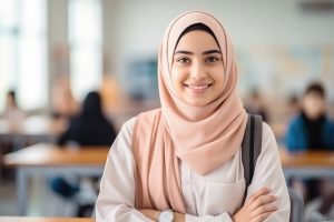 Retour à l'école. Une adolescente d'une école musulmane du Moyen-Orient pose en classe, regardant l'objectif.