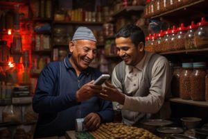 Épicier marocain avec client au magasin