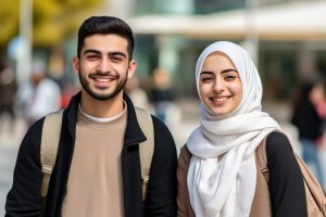 Des étudiants souriants du Moyen-Orient regardent la caméra, hommes et femmes.