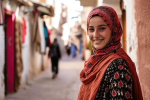 Petite fille musulmane souriante du Moyen-Orient portant un hijab regardant la caméra dans une rue d'une ville du Moyen-Orient