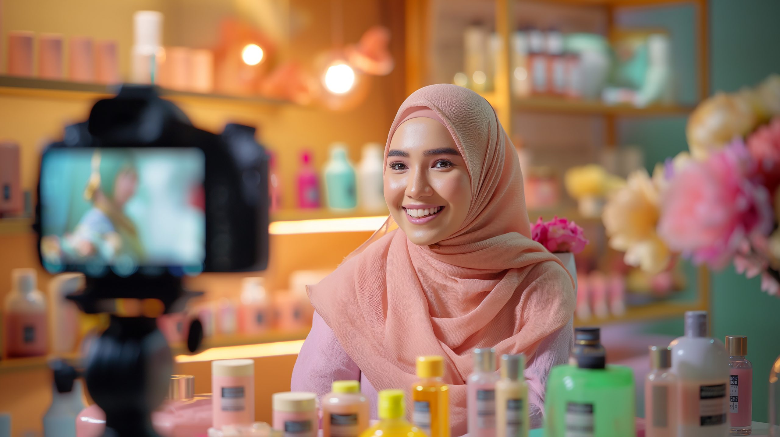 a joyful Hijabi young influencer with the cameras for the vlog