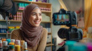 a joyful Hijabi young influencer with the cameras for the vlog