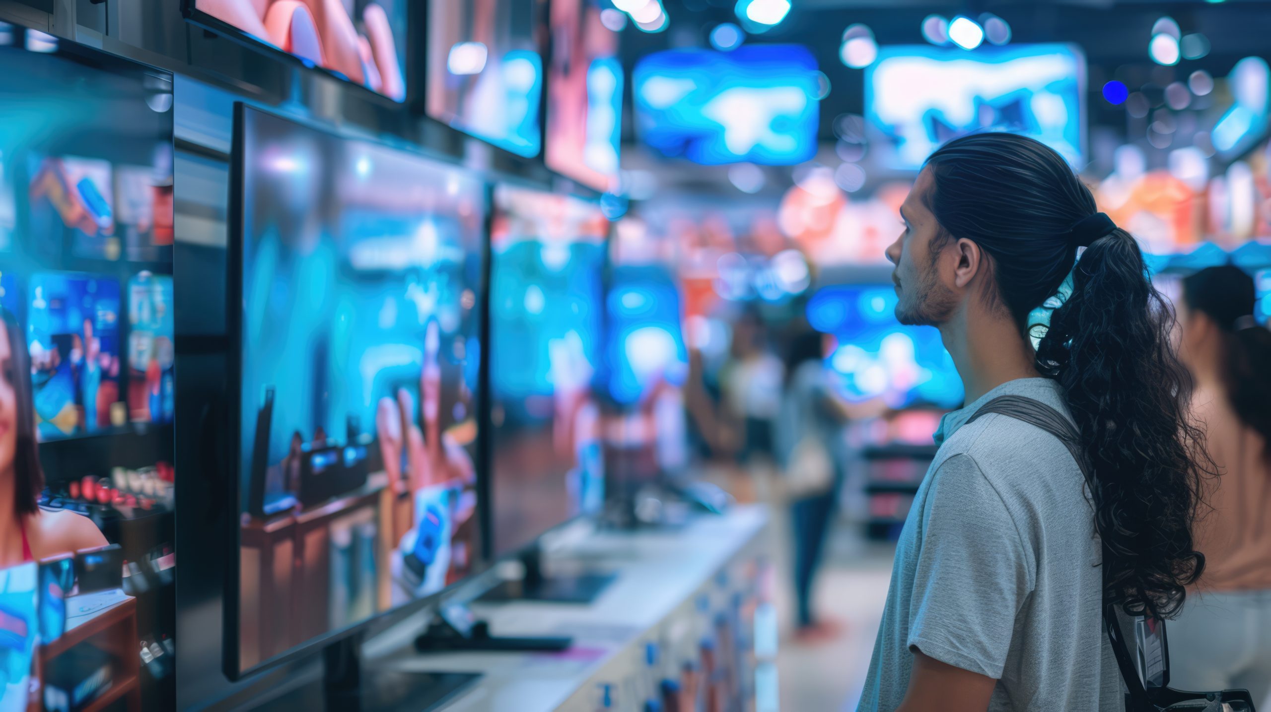 A man watching latest LED television models in super market