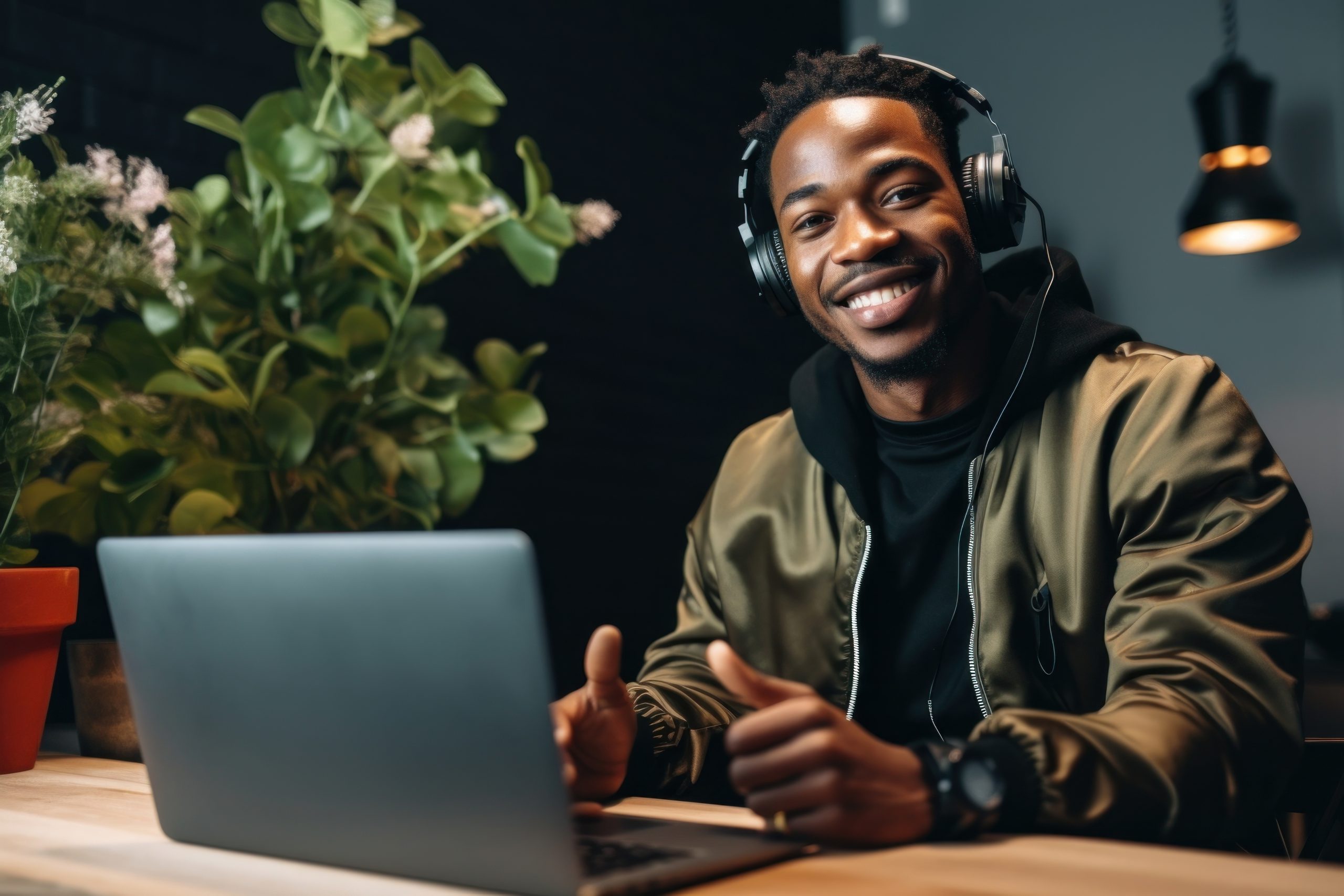 Black african male headphones computer headset.