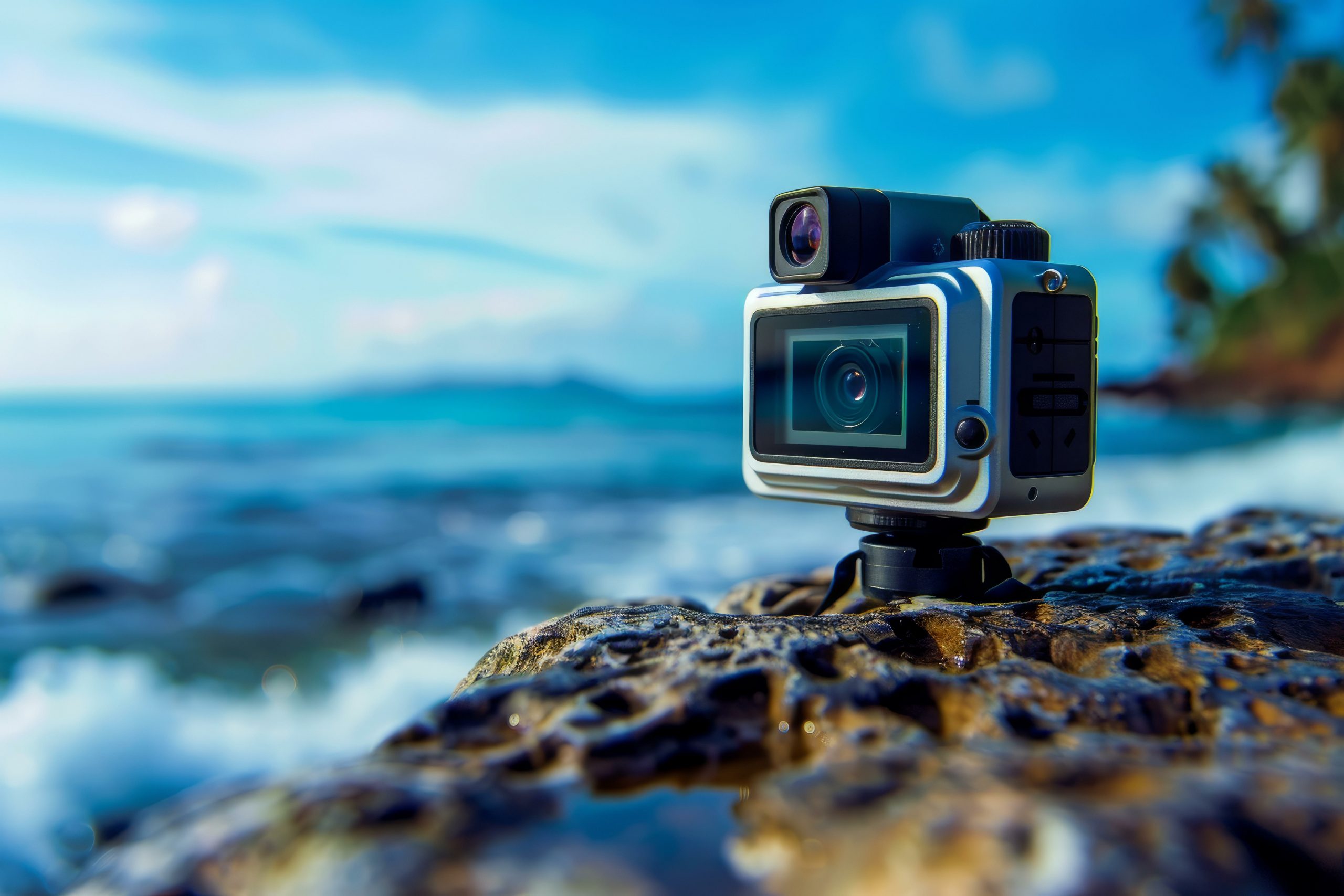 Modern action camera is recording a timelapse of the ocean waves crashing on the shore