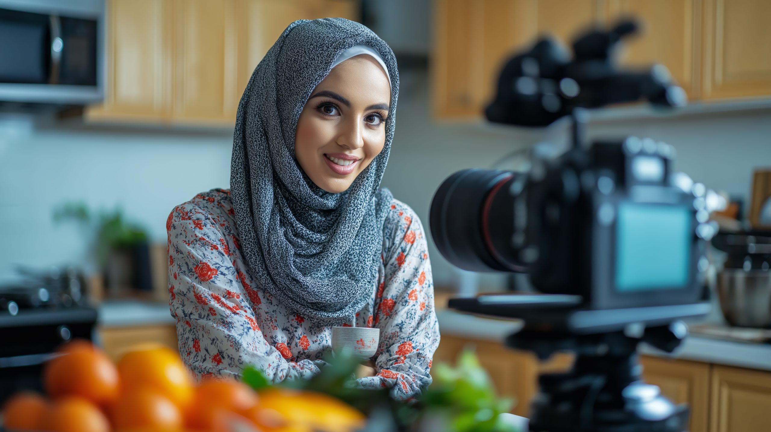 Smiling Muslim woman vlogging in her kitchen, wearing a hijab, with a camera recording her content