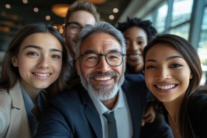 Un groupe multiracial d'hommes d'affaires prend un selfie en souriant