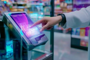 Personne utilisant un écran tactile dans un environnement technologique futuriste et moderne.
