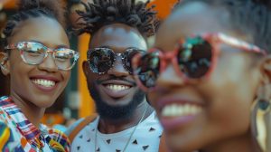 Des personnes multiraciales s'amusent à faire un selfie avec un téléphone portable dans un restaurant de food truck en plein air. Focus sur le visage d'un homme africain : IA générative