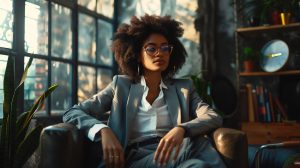 Une belle femme d'affaires afro assise pensivement, elle porte un costume très à la mode en arrière-plan dans un bureau rustique